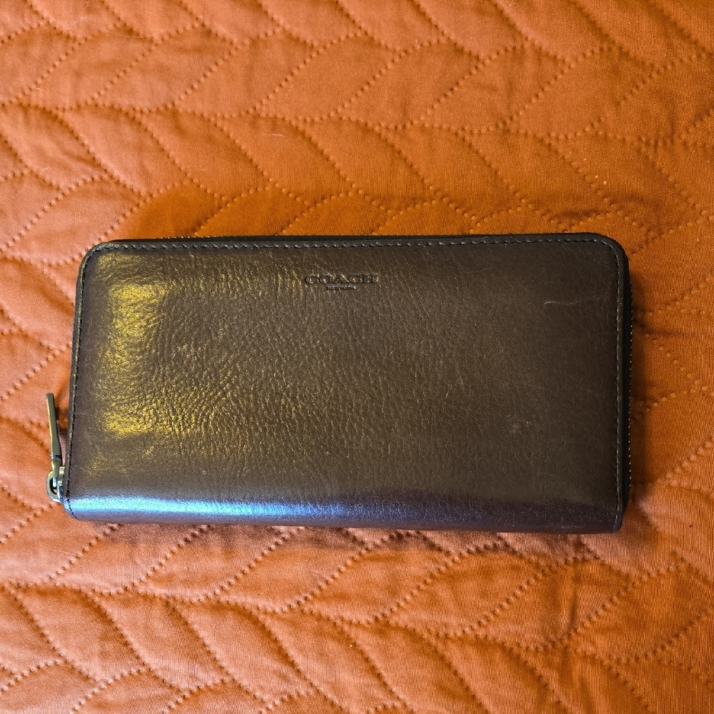 Coach Dark Brown Leather Accordian Zip Wallet